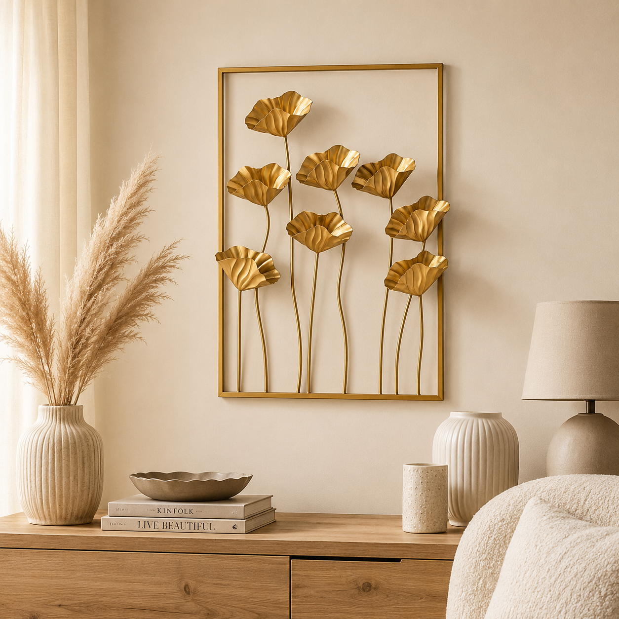 Decoro Parete Fiori Oro in Metallo – 51 x 68 cm