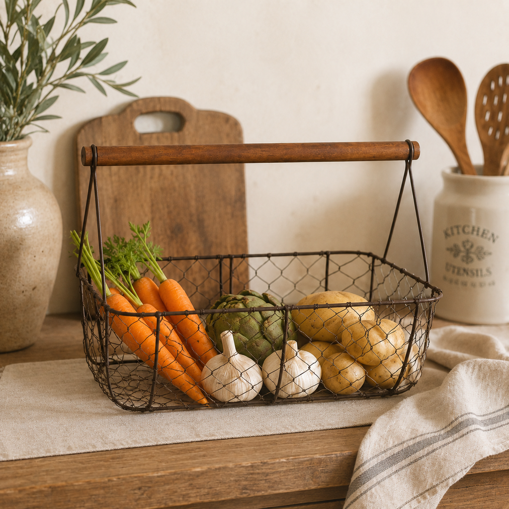 Cestino in Ferro con Manico in Legno – 36 x 17 x H 12/27 cm