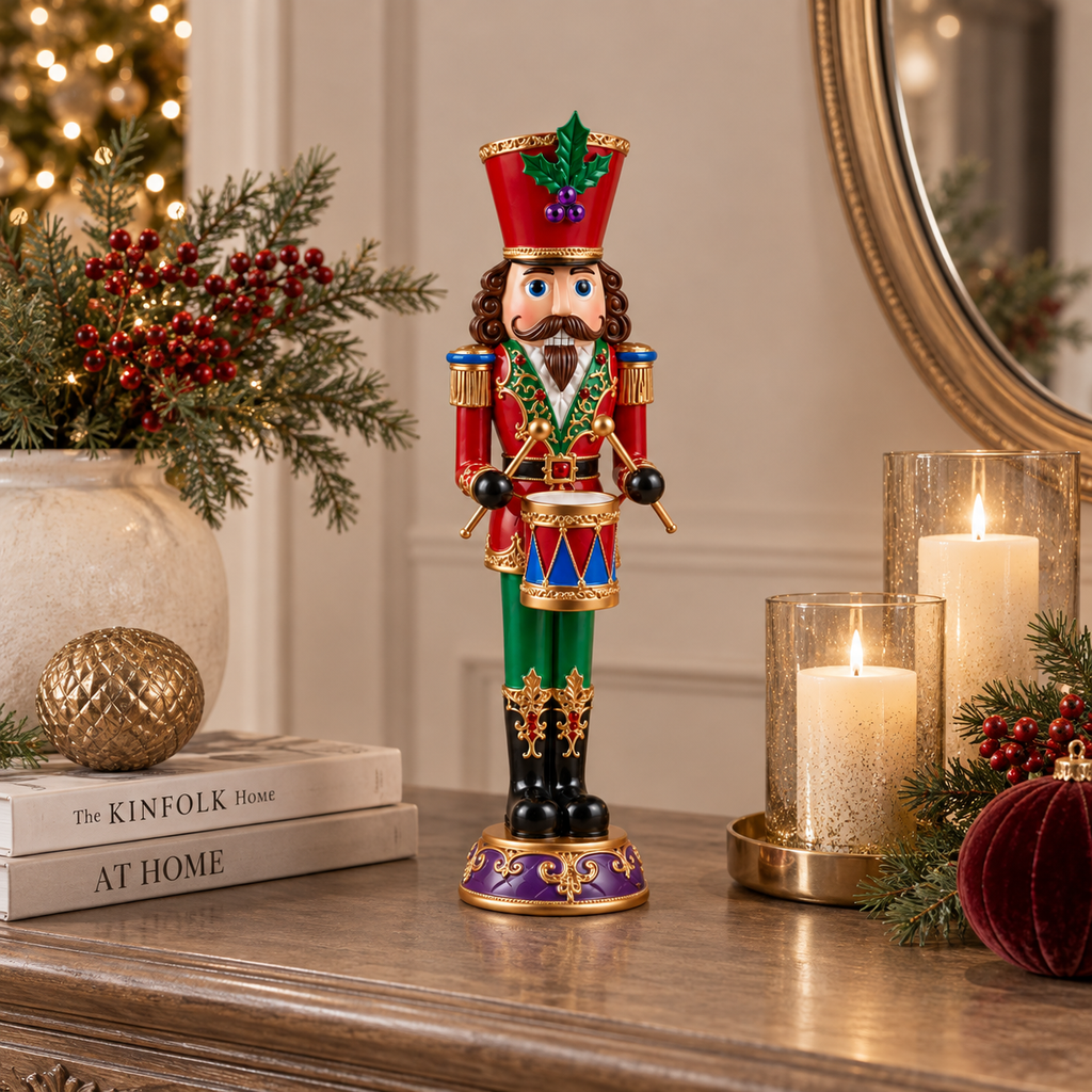 Schiaccianoci Natalizio Decorativo in Poliresina con Tamburo Rosso Verde e Oro – H 35 cm