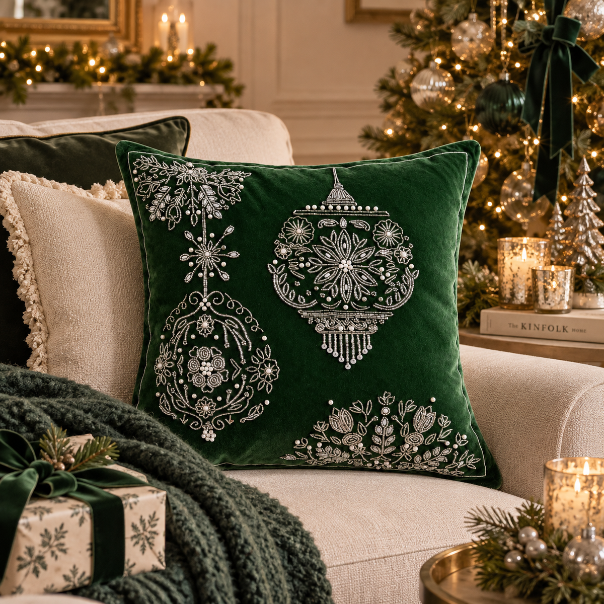 Cuscino Natalizio Decorativo Verde Bosco con Sfere di Natale Ricamate, Perline e Dettagli Argento