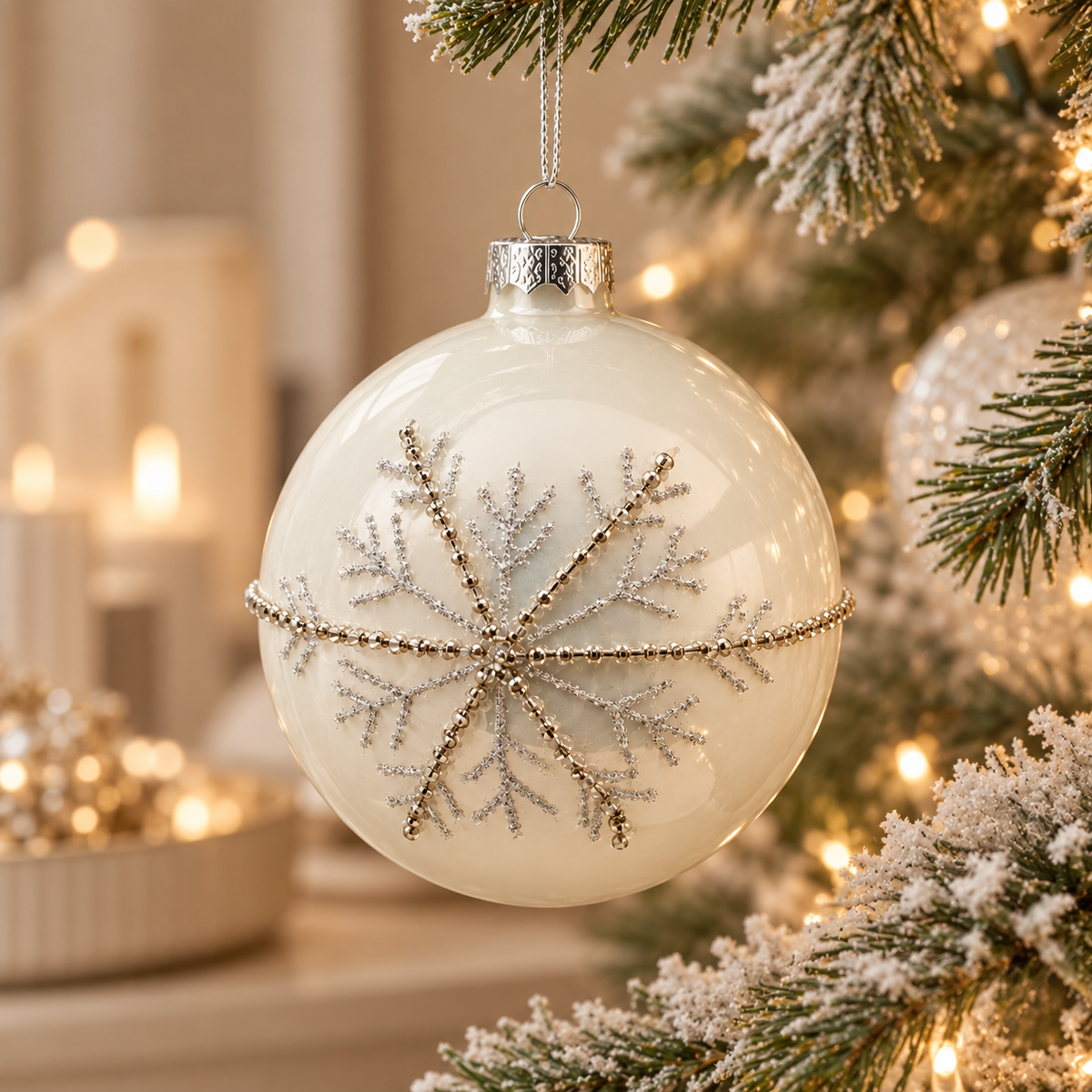 Sfera di Natale EDG in Vetro Bianco Perlato con Fiocco di Neve Argentato e Strass – Ø 10 cm