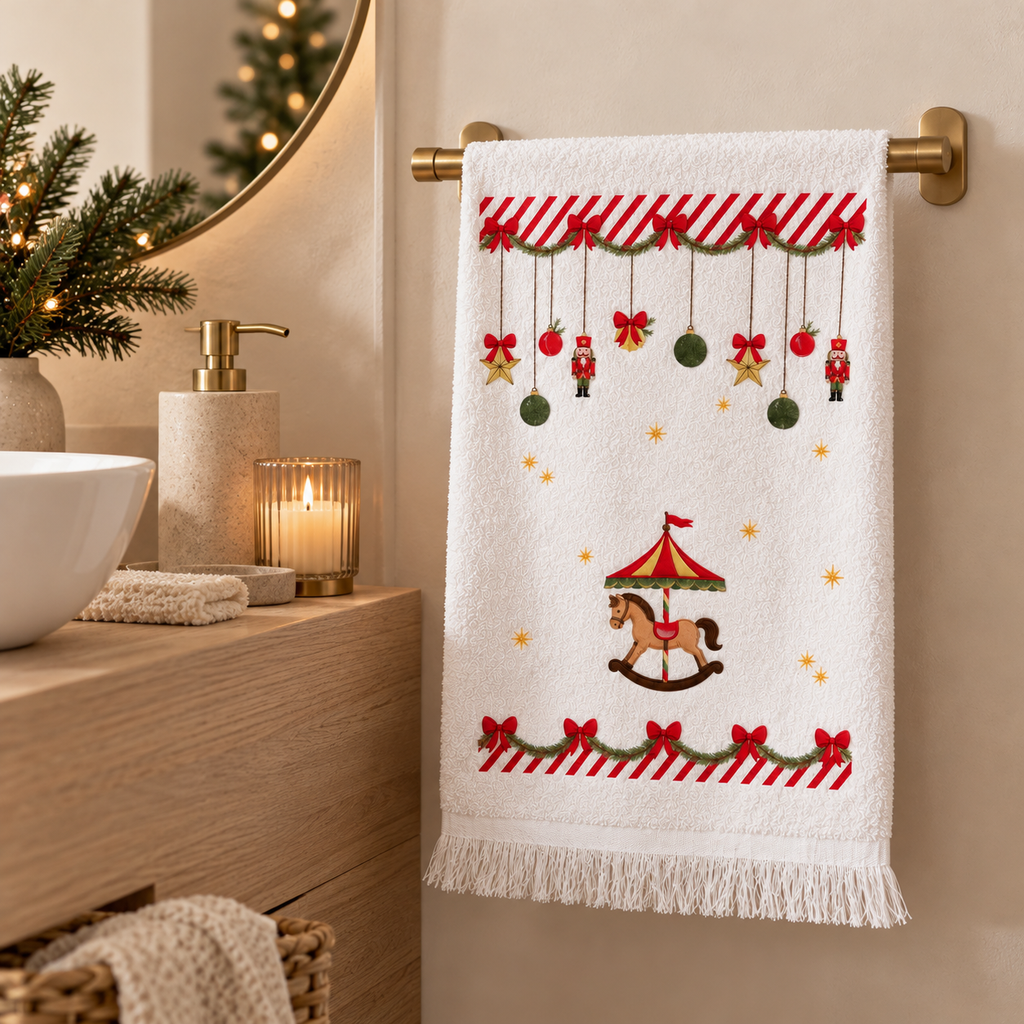 Asciugamano Ospite Natalizio Christmas Carousel Bianco in Cotone con Cavallo a Dondolo e Schiaccianoci 40 x 66 cm