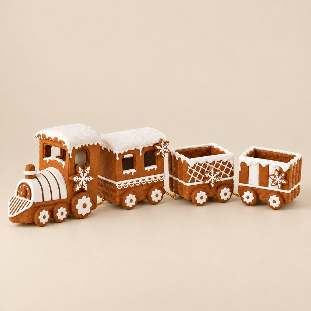 Trenino Natalizio Pan di Zenzero in Resina con Vagoni Decorativi 45 x 8 x H13 cm