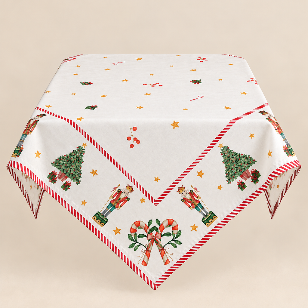Tovaglia Natalizia Quadrata in Cotone con Schiaccianoci, Alberi di Natale e Bordo a Righe Rosse 150 x 150 cm