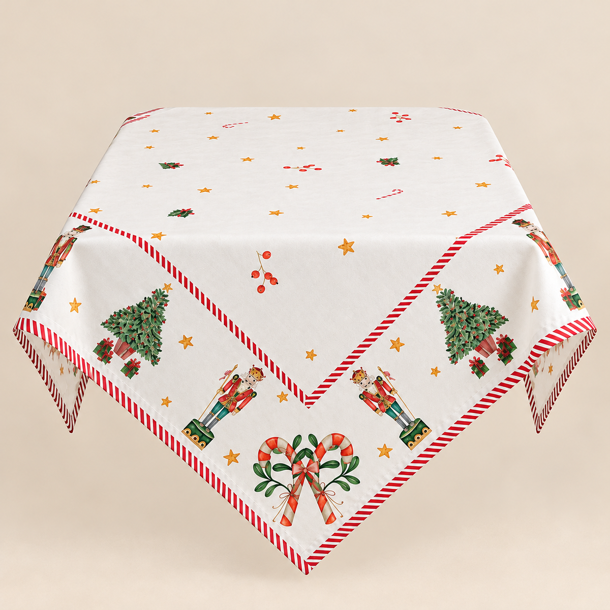 Tovaglia Natalizia Quadrata in Cotone con Schiaccianoci, Alberi di Natale e Bordo a Righe Rosse 150 x 150 cm