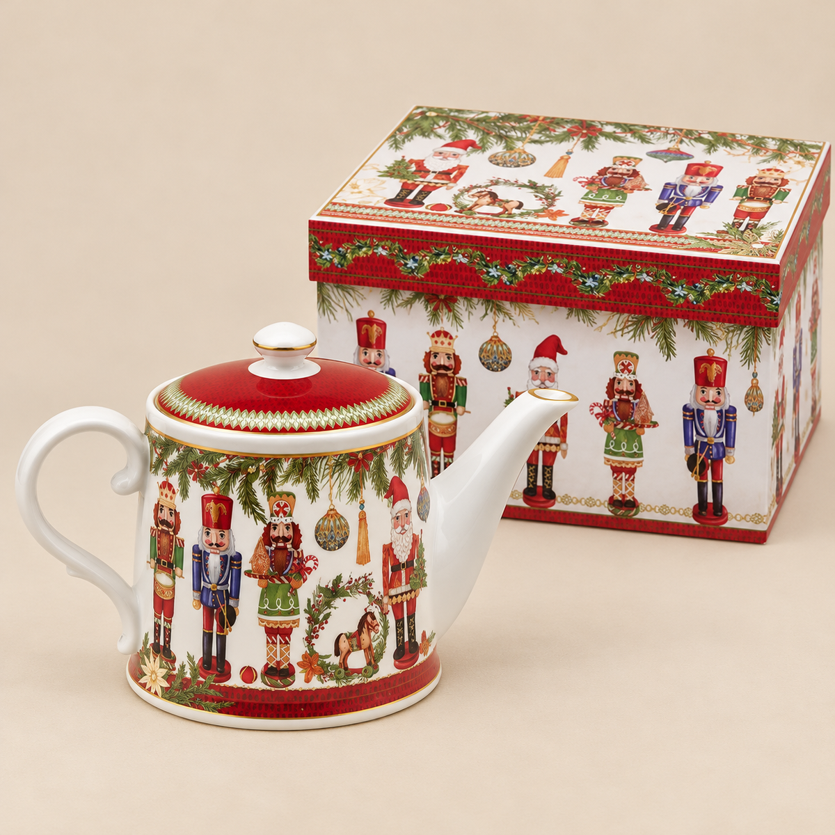 Teiera Natalizia EDG con Schiaccianoci, Babbo Natale e Decorazioni Natalizie 600 ml – 19 x 11 x H 14 cm con Confezione Regalo
