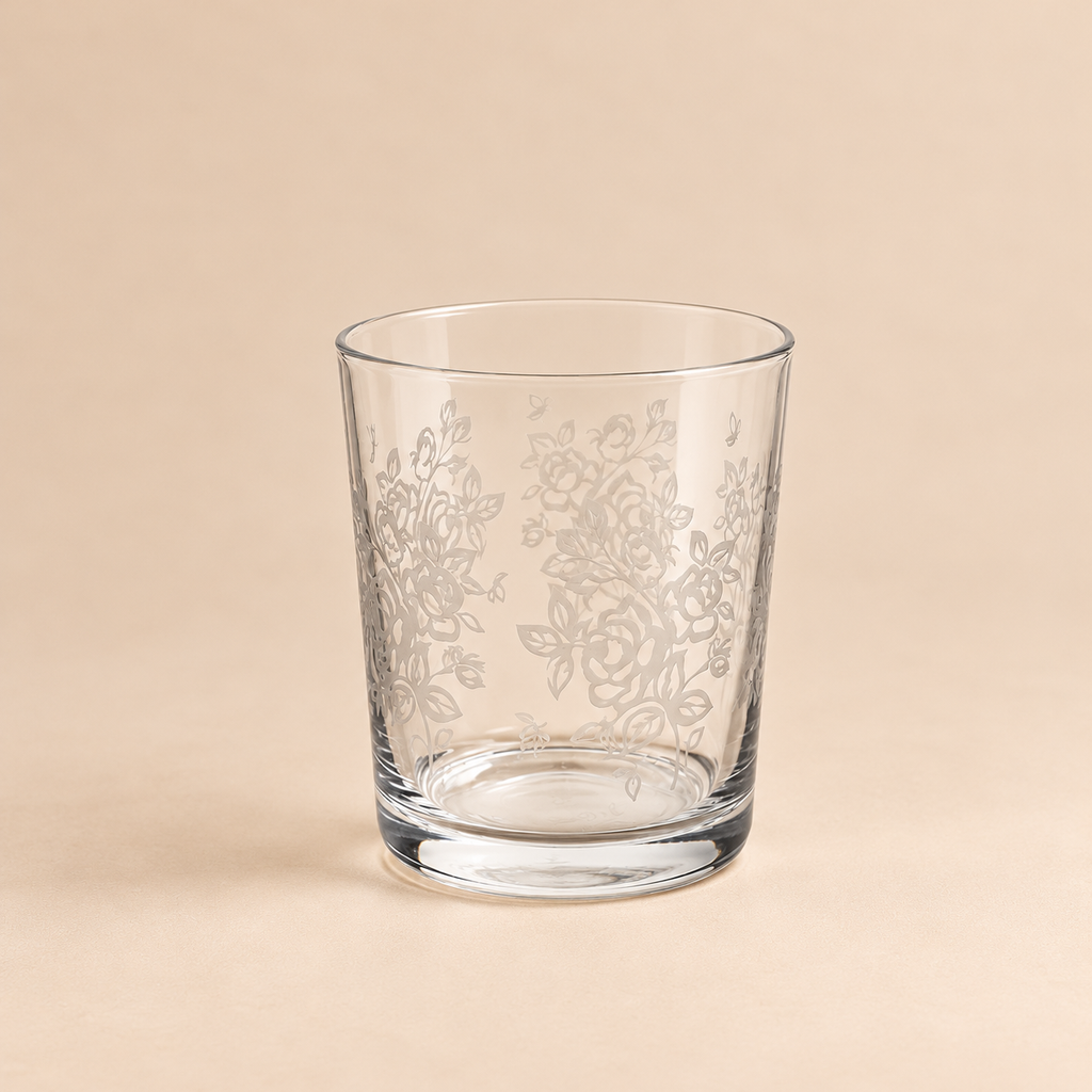 Set 6 Bicchieri Acqua in Vetro Trasparente con Decoro Floreale Bianco – Ø 8 x H 8,5 cm