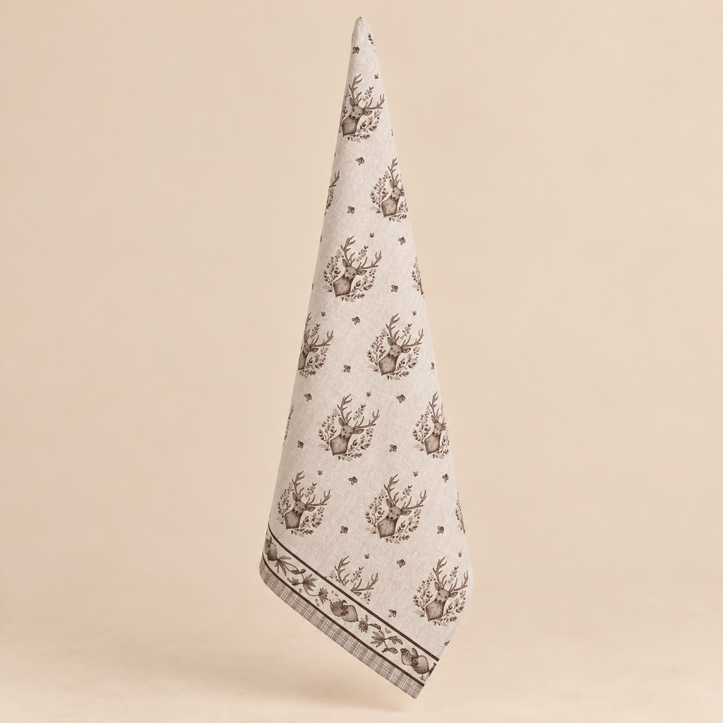 Canovaccio da Cucina Natalizio Winter Woodland con Cervo Beige 50 x 70 cm in Cotone