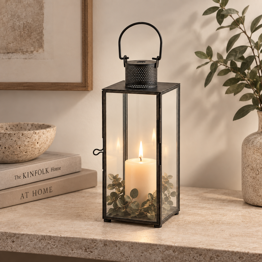Lanterna Vintage Nera in Metallo e Vetro 12 x 12 x H 28 cm