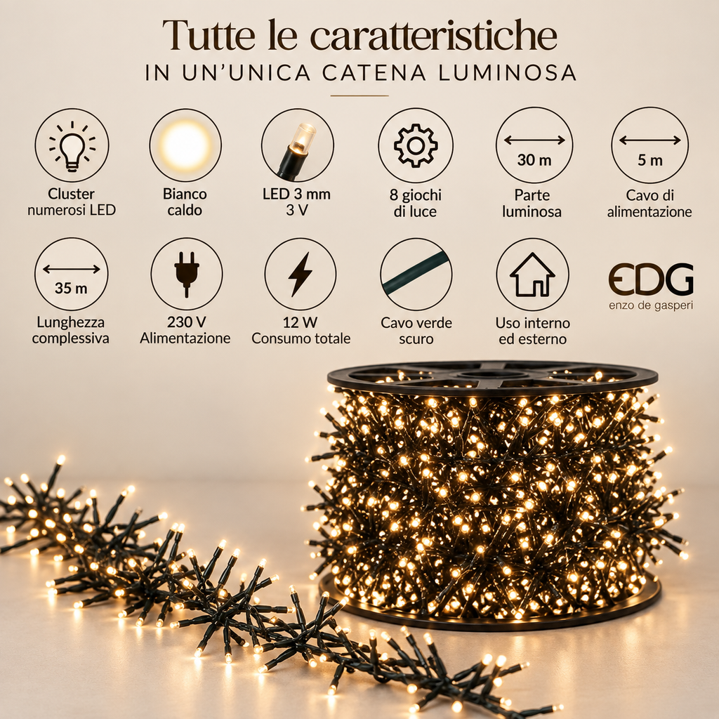 Catena Luminosa Cluster 3000 LED 30 m 3 mm Bianco Caldo con 8 Giochi di Luce - EDG