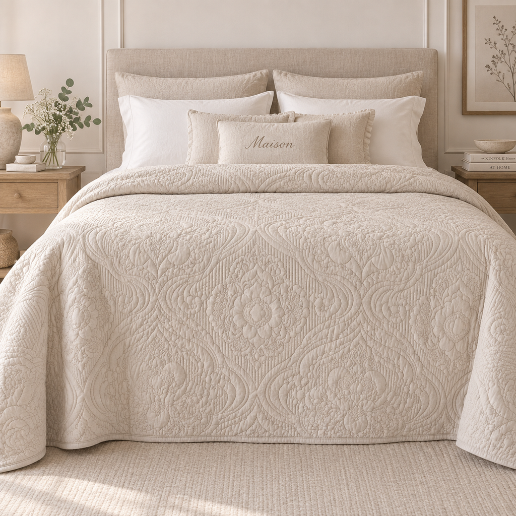 Trapunta Ricamo di Cotone Beige 220 x 260 cm 200 GSM