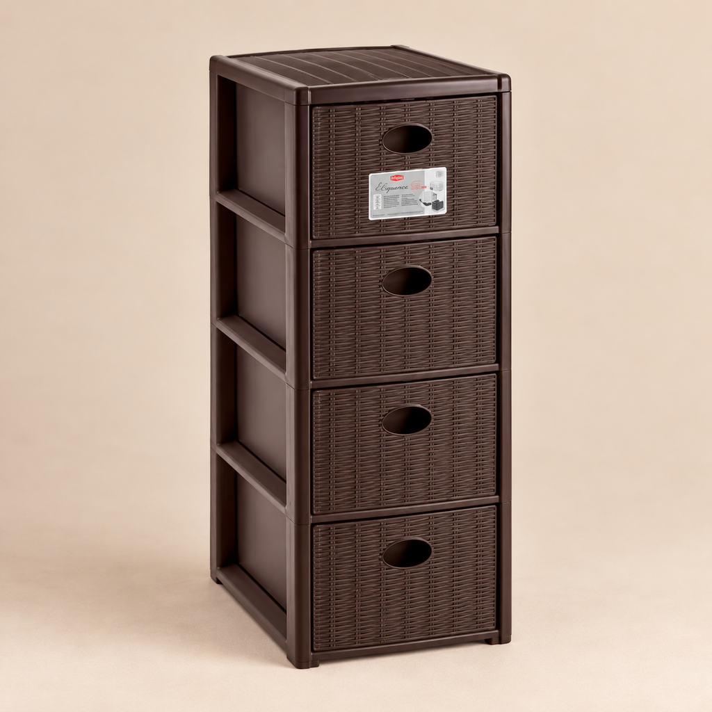 Cassettiera Elegance Slim 4 Cassetti Salvaspazio Marrone Scuro Effetto Rattan – 30 x 40 x H 80 cm