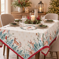 Tovaglia Natalizia Rettangolare in Cotone con Renne, Bosco Innevato e Bordo Bordeaux 130 x 180 cm