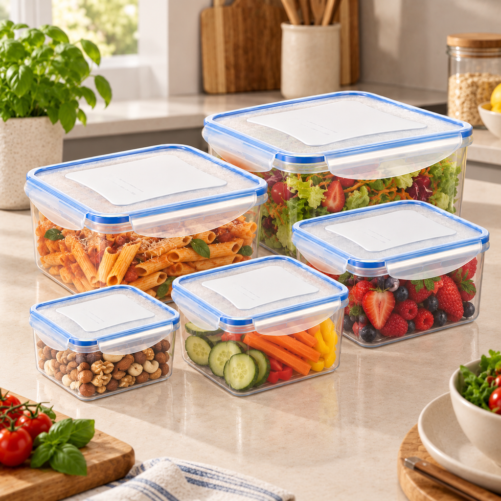 Set 5 Contenitori Ermetici Quadrati per Alimenti con Guarnizione in Silicone – Da 0,4 a 3 Litri – Adatti a Frigorifero, Freezer e Microonde