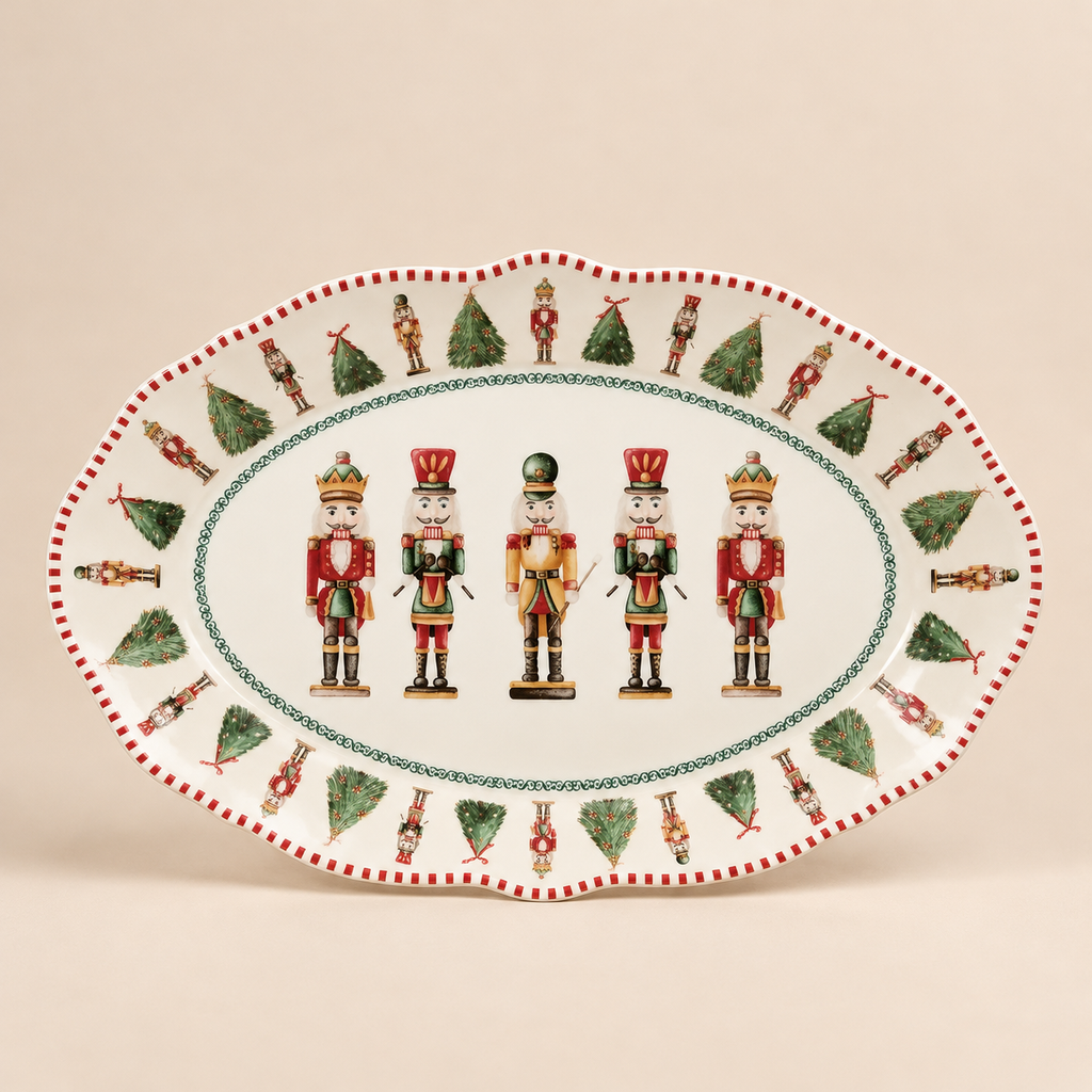 Piatto da Portata Natalizio Ovale Christmas Carol in Porcellana con Schiaccianoci e Alberi di Natale 29,5 cm