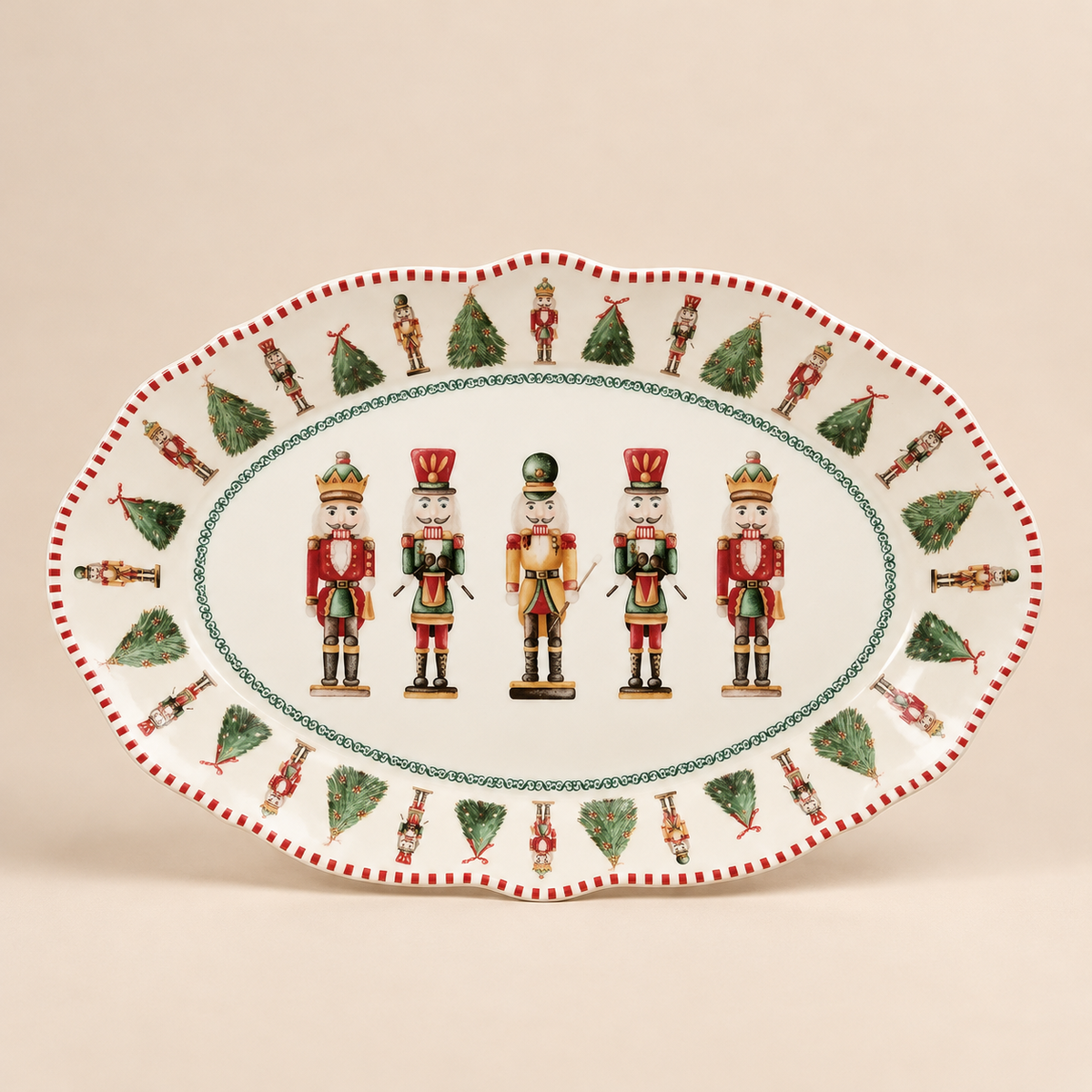 Piatto da Portata Natalizio Ovale Christmas Carol in Porcellana con Schiaccianoci e Alberi di Natale 29,5 cm