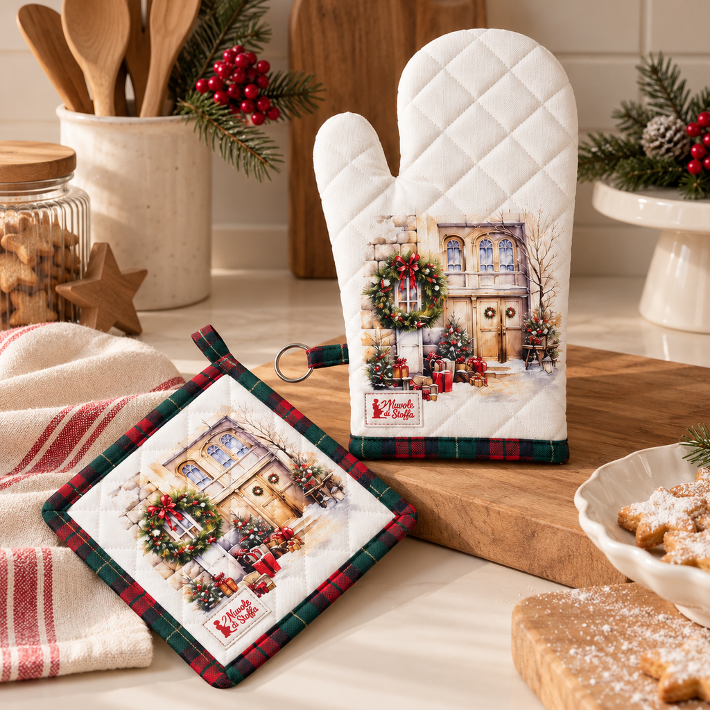 Set Guanto da Forno e Presina Natalizia Christmas is Coming con Ghirlanda e Regali