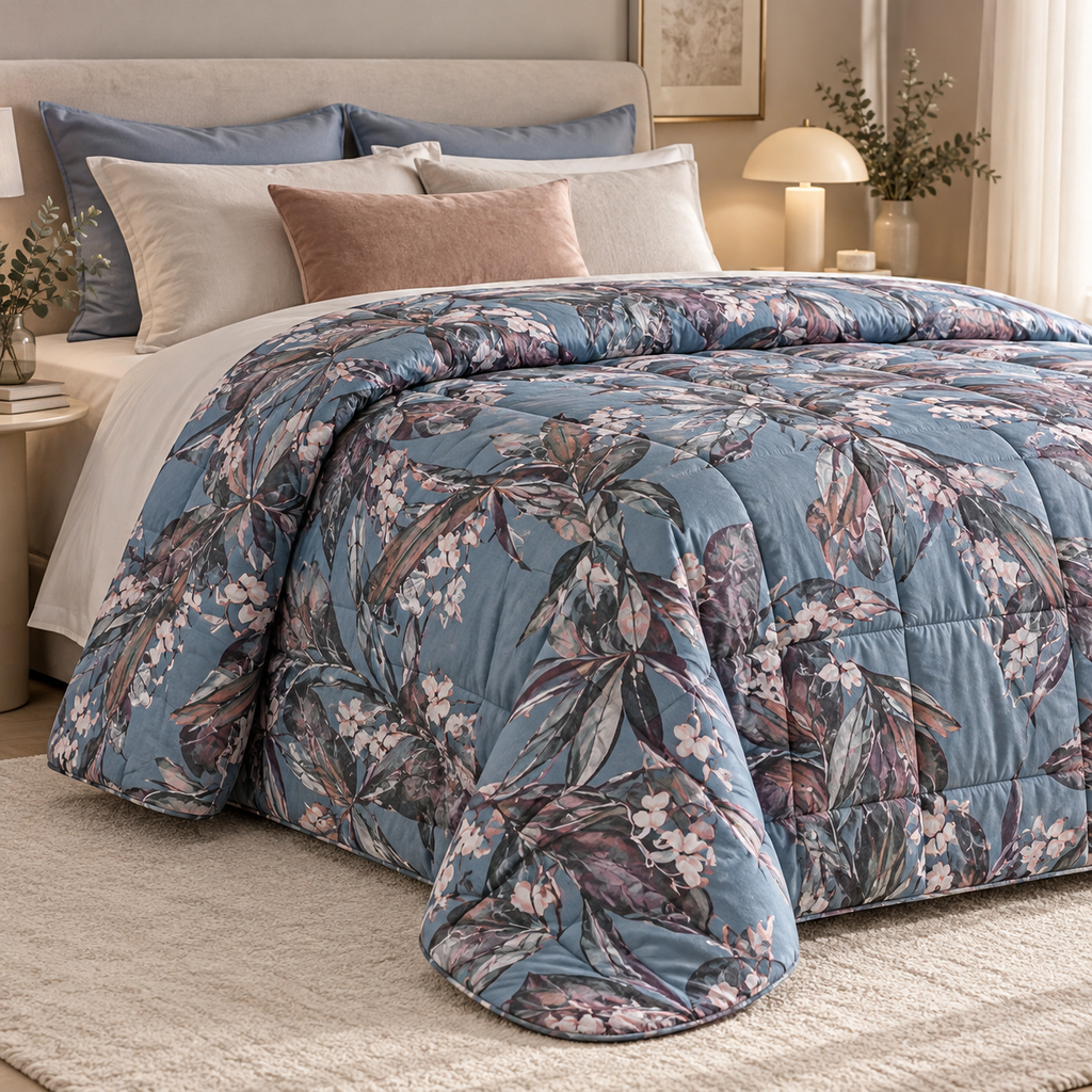 Trapunta Matrimoniale Invernale Mughetto in Percalle di Cotone con Fantasia Botanica Azzurro Polvere 270 x 270 cm – Tessitura Randi