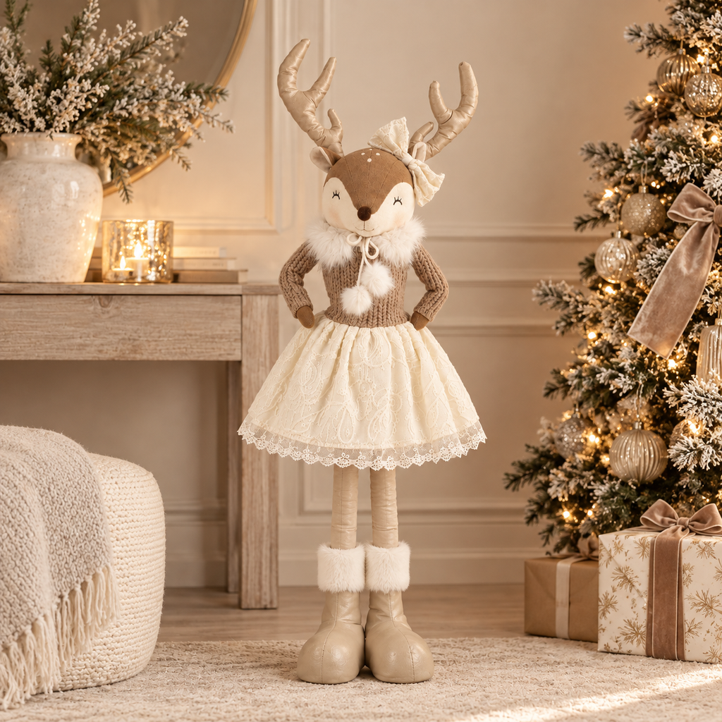 Renna Natalizia Decorativa in Tessuto Beige e Avorio con Gambe Allungabili – Altezza Massima 113 cm