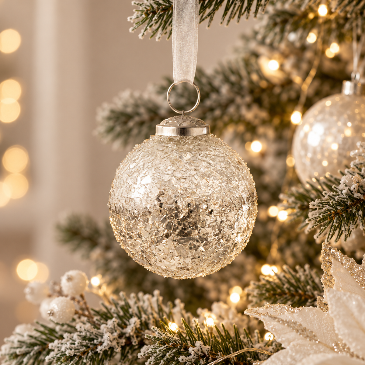 Sfera di Natale in Vetro Argento con Scaglie Effetto Ghiaccio e Nastro Bianco – Ø 7 cm