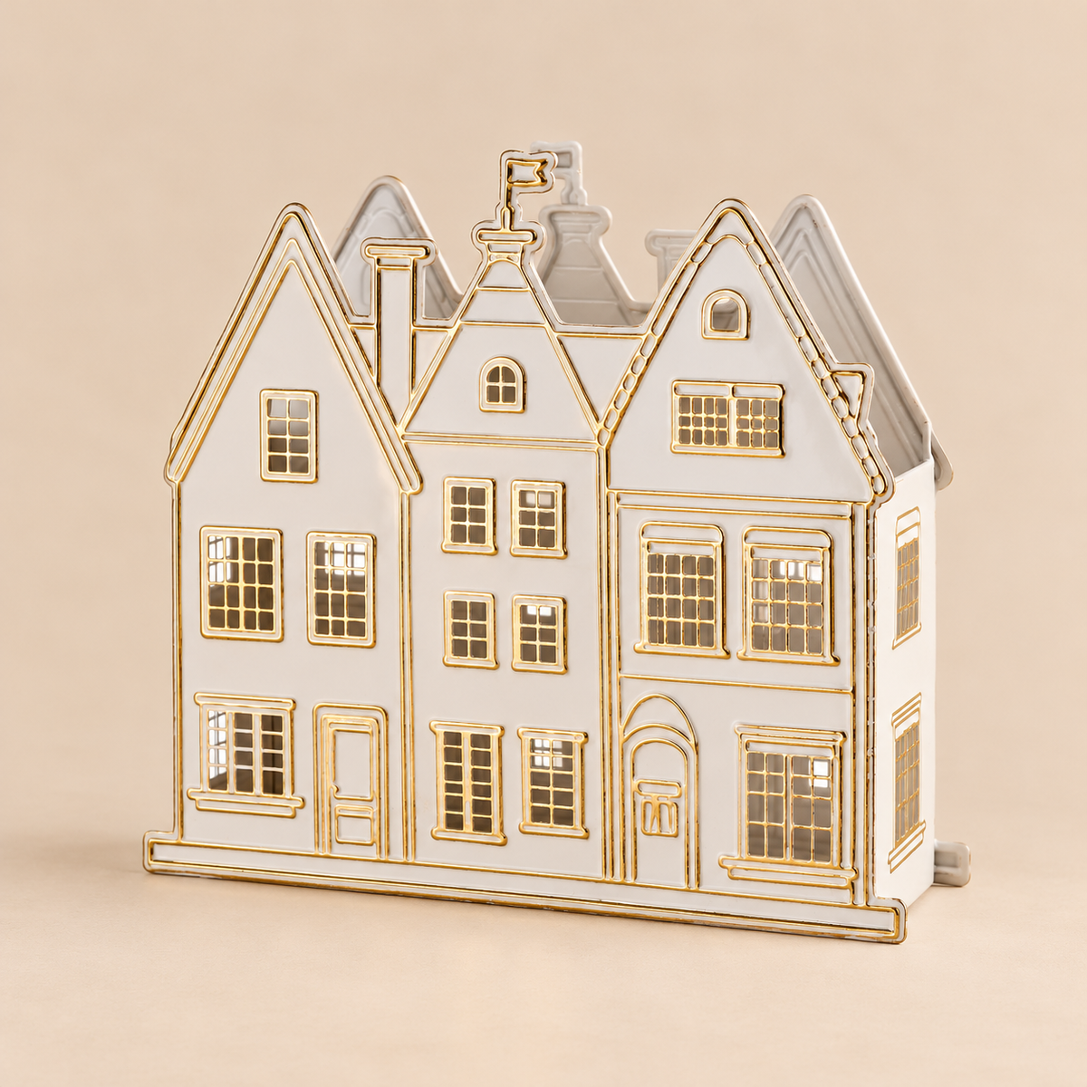 Portacandela Natalizio Villaggio di Casette Bianche e Oro in Metallo con Finestre – Collezione Villaggio di Luci 40x10,5x37 cm
