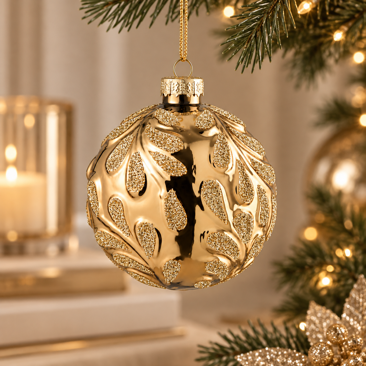 Sfera di Natale in Vetro Oro Champagne Lucido con Rami e Foglie Glitterate – Ø 8 cm