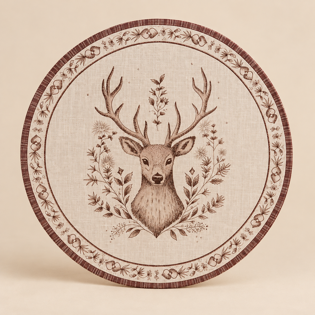 Sottopiatto Natalizio Rotondo con Cervo Winter Woodland Beige e Marrone Ø33 cm