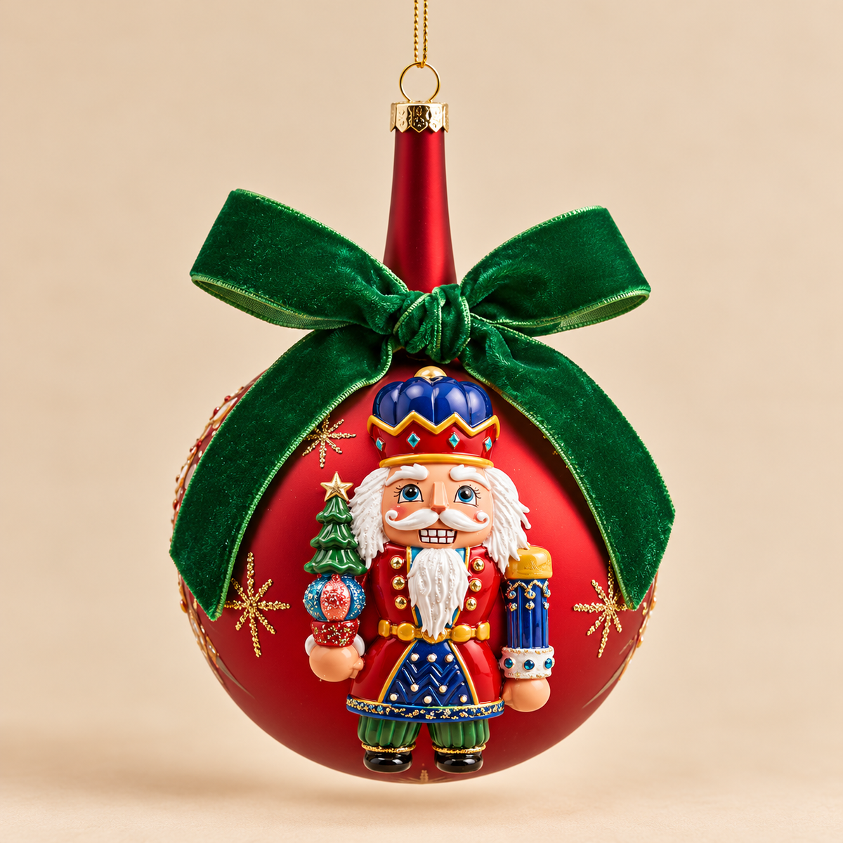 Sfera di Natale Rossa con Schiaccianoci in Rilievo e Fiocco in Velluto Verde – Ø 10 cm