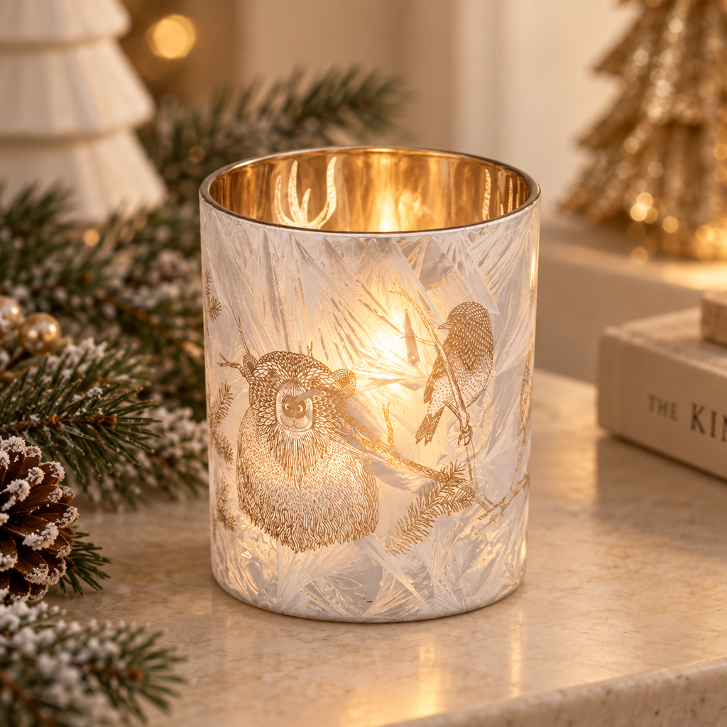 Portacandela Foresta con Orso Oro h.12,5 cm