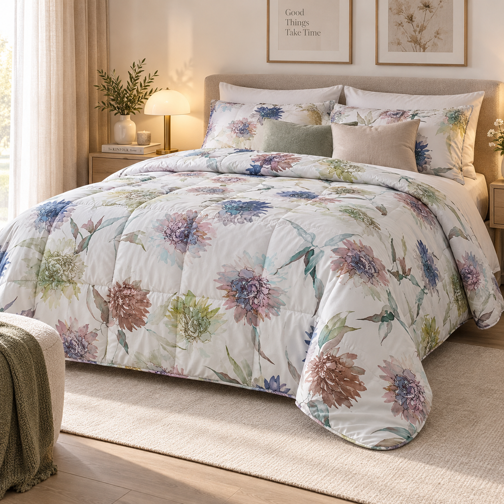 Trapunta Matrimoniale Invernale Bloom Marilyn in Raso di Puro Cotone 300 T.C. con Fantasia Floreale Multicolor su Fondo Bianco 270 x 270 cm – Tessitura Randi