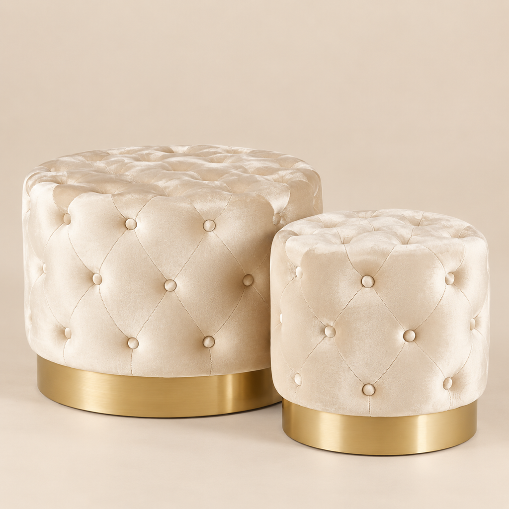 Pouf Rotondo Capitonné in Velluto Avorio con Base Oro - EDG