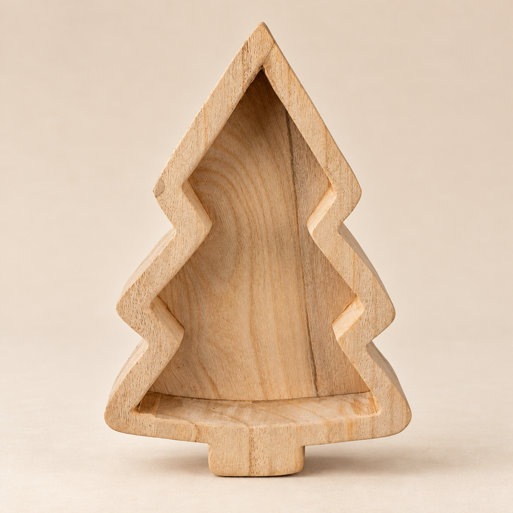 Vassoio Decorativo Natalizio in Legno Naturale a Forma di Albero di Natale 33 x 23 x 6 cm
