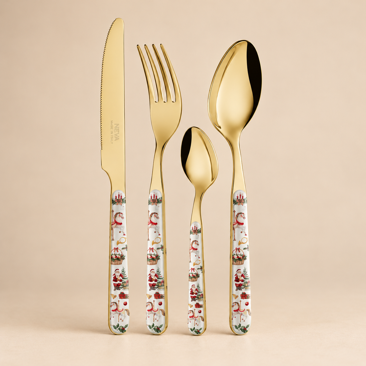 Servizio Posate 24 Pezzi Bistrot Oro con Fantasia Natalizia Carosello e Babbo Natale – Acciaio Inox Dorato
