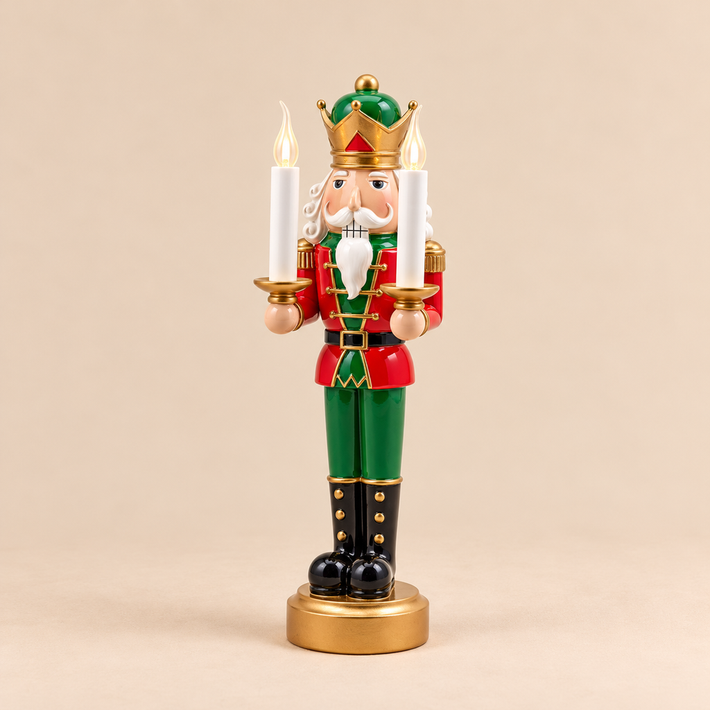 Schiaccianoci Re Natalizio EDG con 2 Candele LED Effetto Fiamma Tremolante 42cm