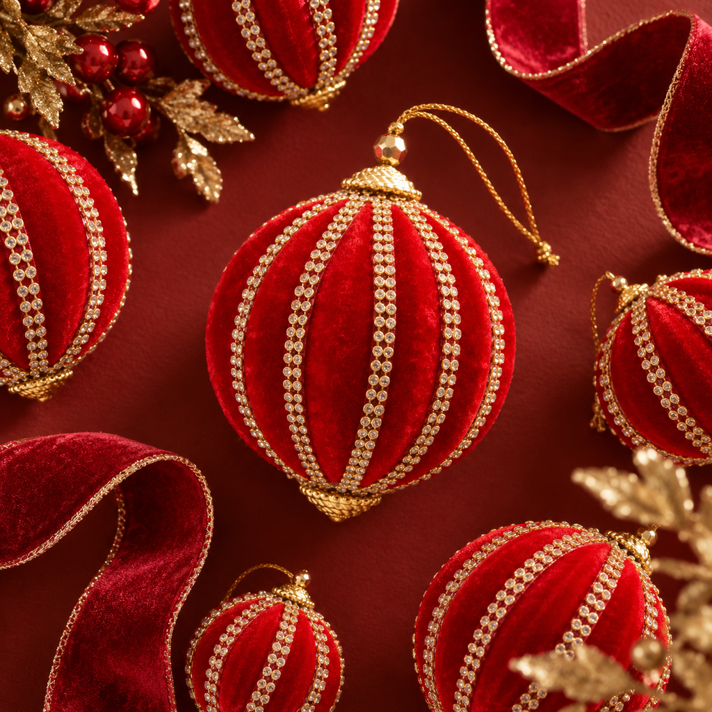 Sfera di Natale EDG Rossa Effetto Velluto con Strass e Dettagli Dorati – Ø 10 cm