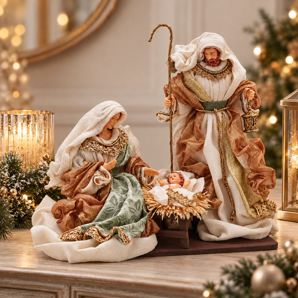 Natività Sacra Famiglia H 25 cm con Abiti in Tessuto - EDG