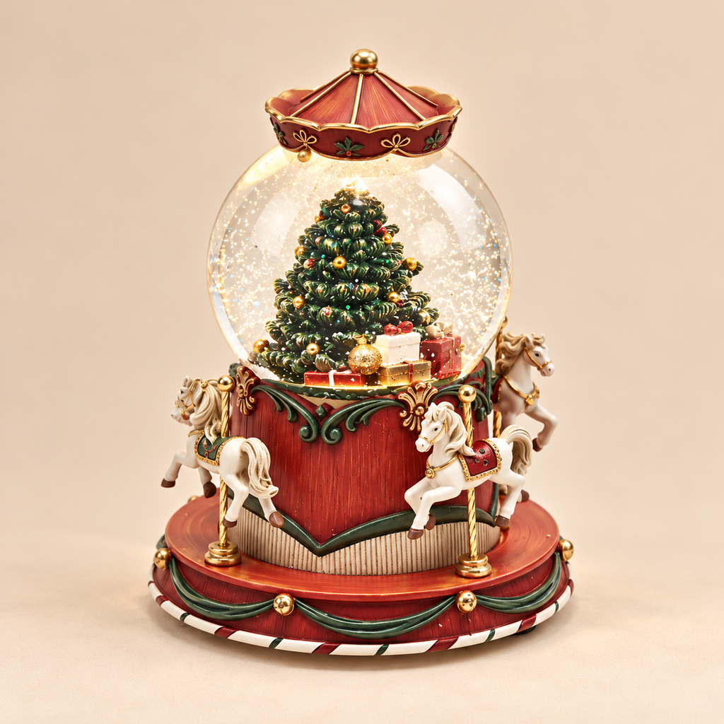 Carillon Natalizio EDG con Sfera di Vetro, Albero di Natale e Giostra Cavalli in Ceramica Ø10xH19 cm
