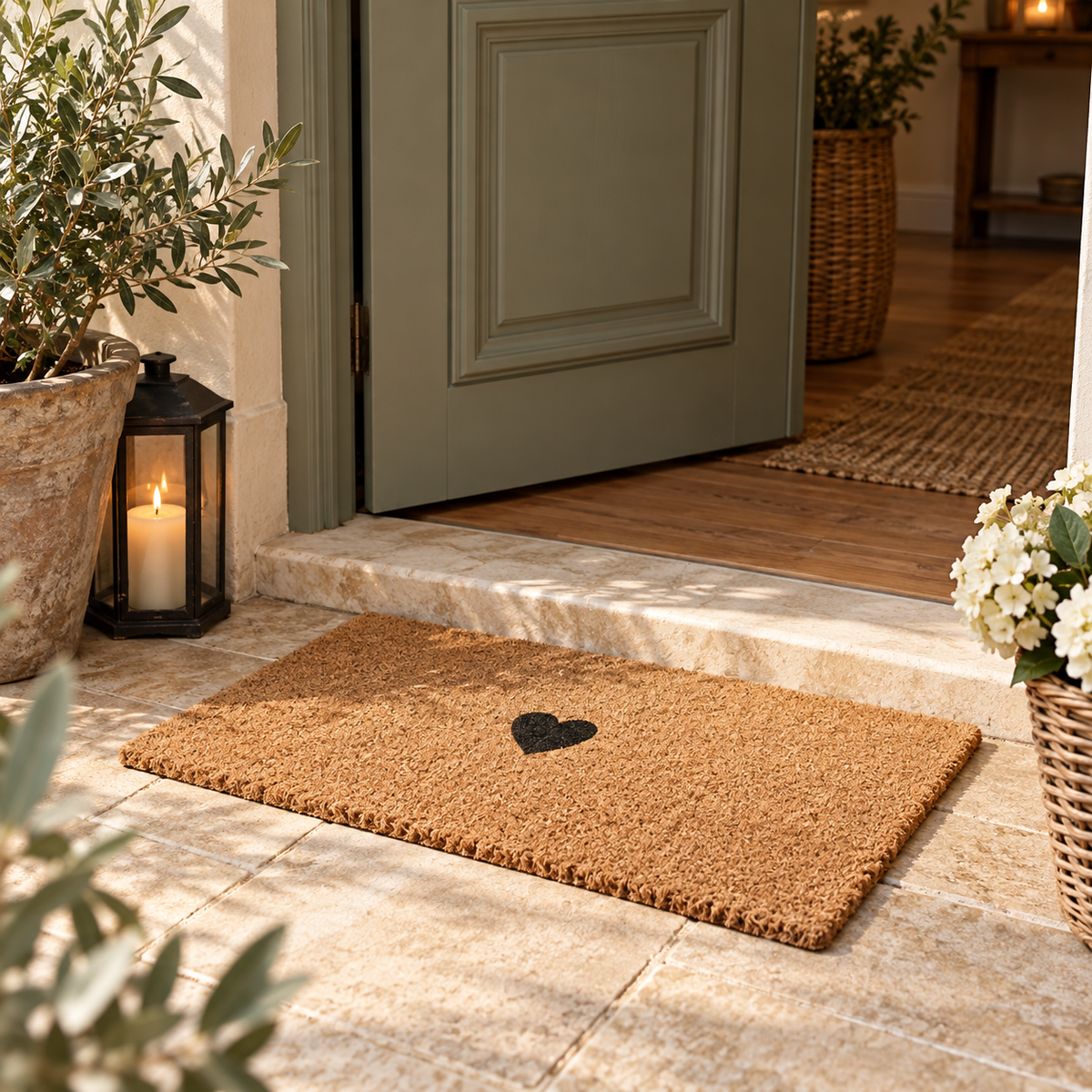 Zerbino Rettangolare in Fibra di Cocco Naturale con Cuore Nero 75 x 45 cm