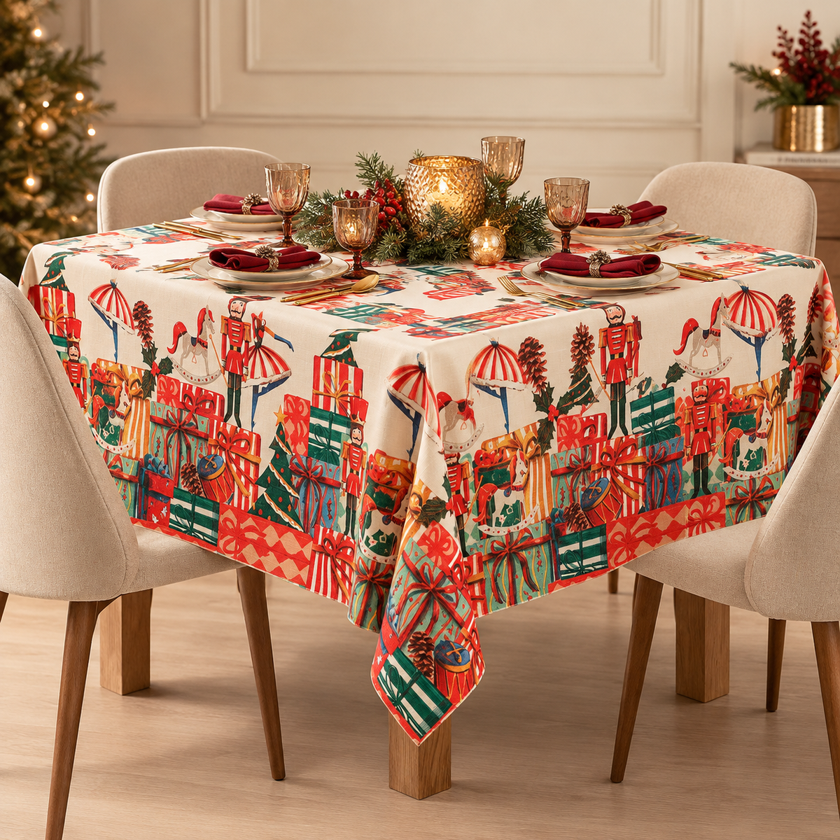 Tovaglia Natalizia Pacchi Regalo Idrorepellente Antimacchia in Poliestere con Orlo Cordino 155x155 cm – Collezione TAVOLA DELLE FESTE