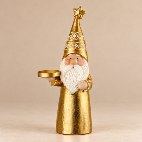 Babbo Natale Dorato Portacandela con Cappello a Punta e Stella – Collezione Portiamo la Luce! 12x8x30 cm