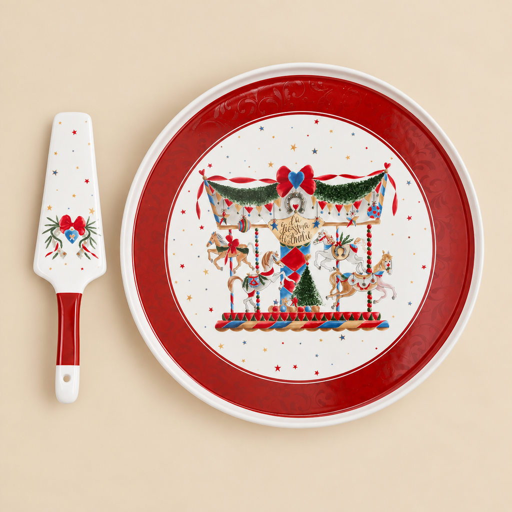 Set Torta Natalizio con Piatto in Ceramica Ø32 cm e Paletta Dolce La Giostra di Amelie – Fantasia Carosello di Natale