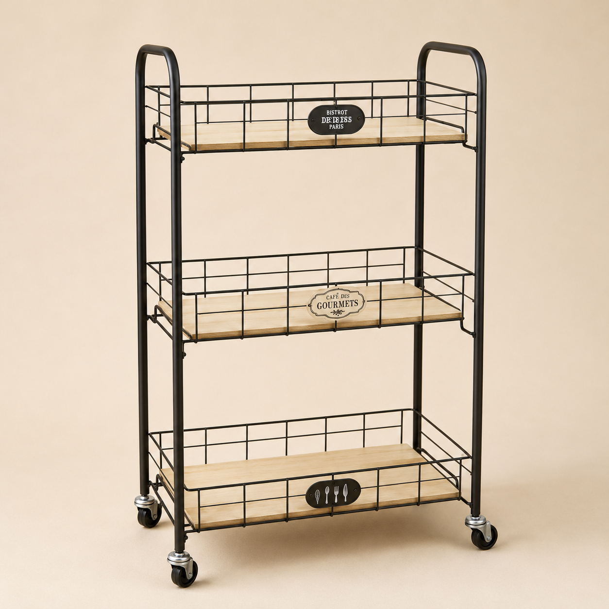 Carrello a 3 Ripiani in Legno e Metallo con Ruote – 46 x 24 x H 79 cm
