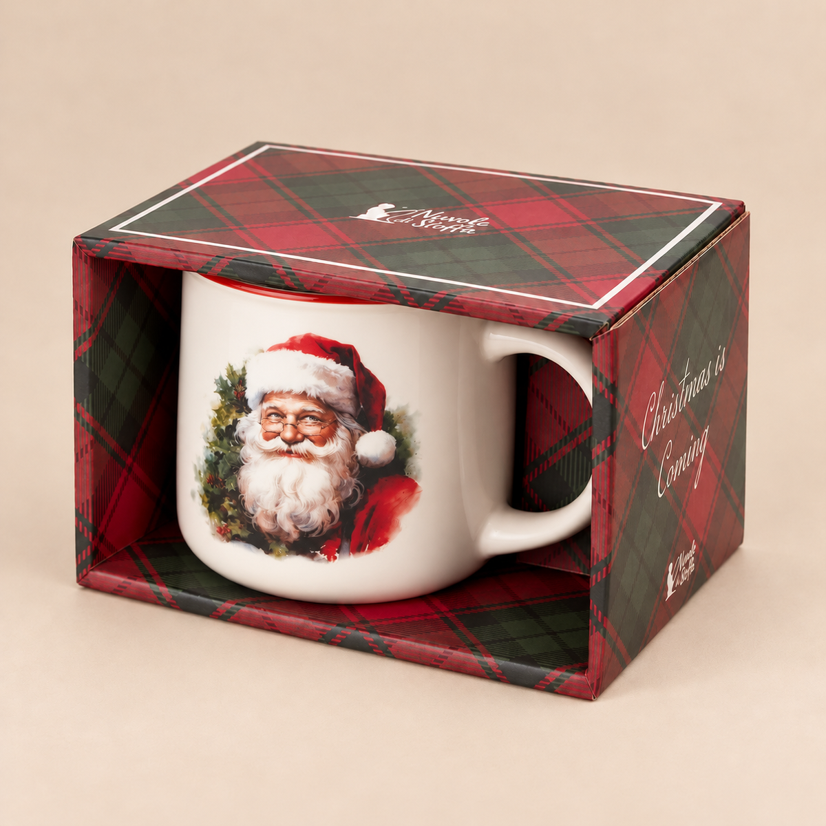 Tazza Natalizia in Ceramica Color Crema con Babbo Natale Vintage – Collezione Christmas is Coming