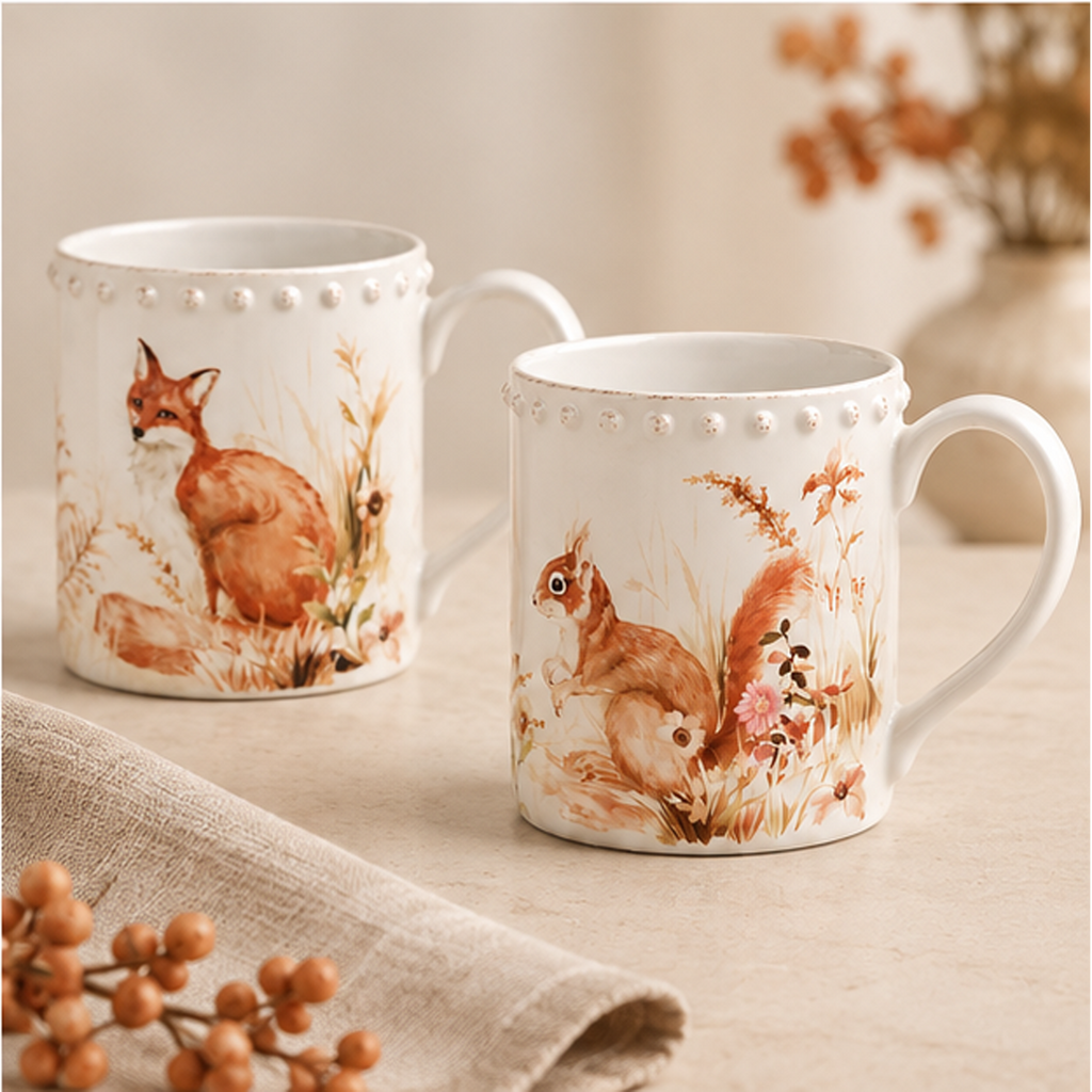 Set 2 Tazze Mug in Ceramica con Volpe e Scoiattolo - Collezione Octavia - Blanc Mariclò
