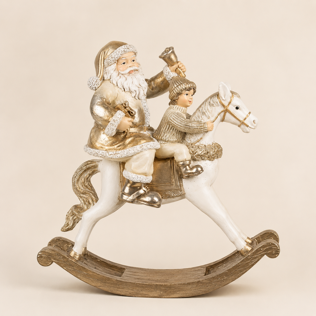 Babbo Natale con Bambino su Cavallo a Dondolo
