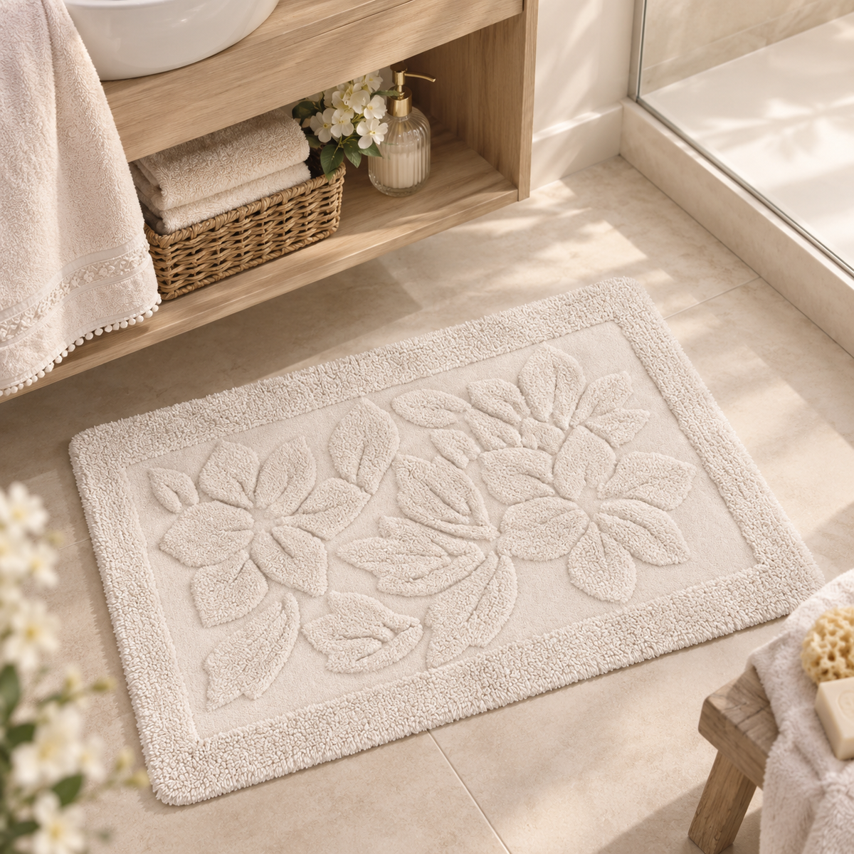 Tappeto Bagno con Fiori Blanc Mariclò Panna 50 x 80 cm