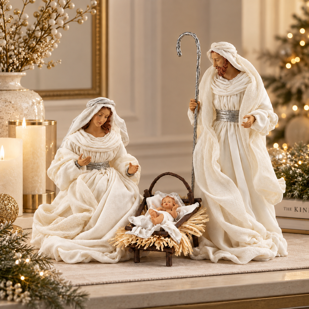 Natività Sacra Famiglia Total White H 46 cm con Abiti in Tessuto - EDG