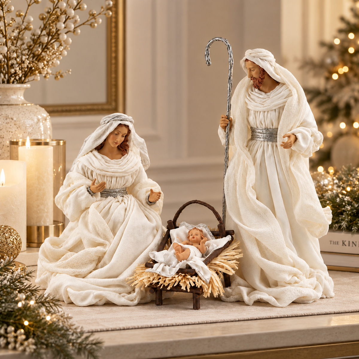 Natività Sacra Famiglia Total White H 46 cm con Abiti in Tessuto - EDG