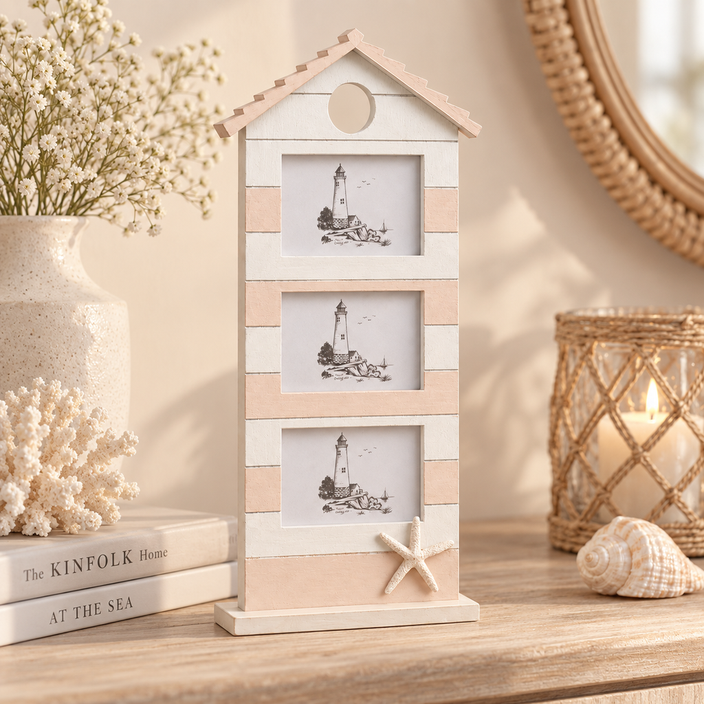 Portafoto Multiplo Casetta in Legno Bianco e Rosa
