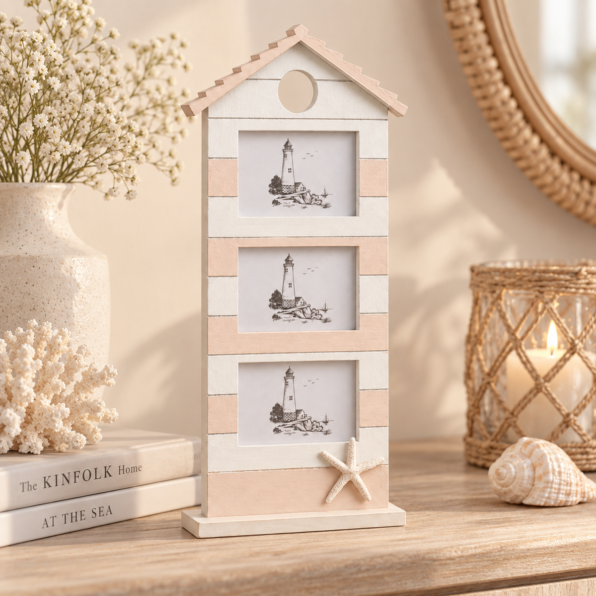 Portafoto Multiplo Casetta in Legno Bianco e Rosa